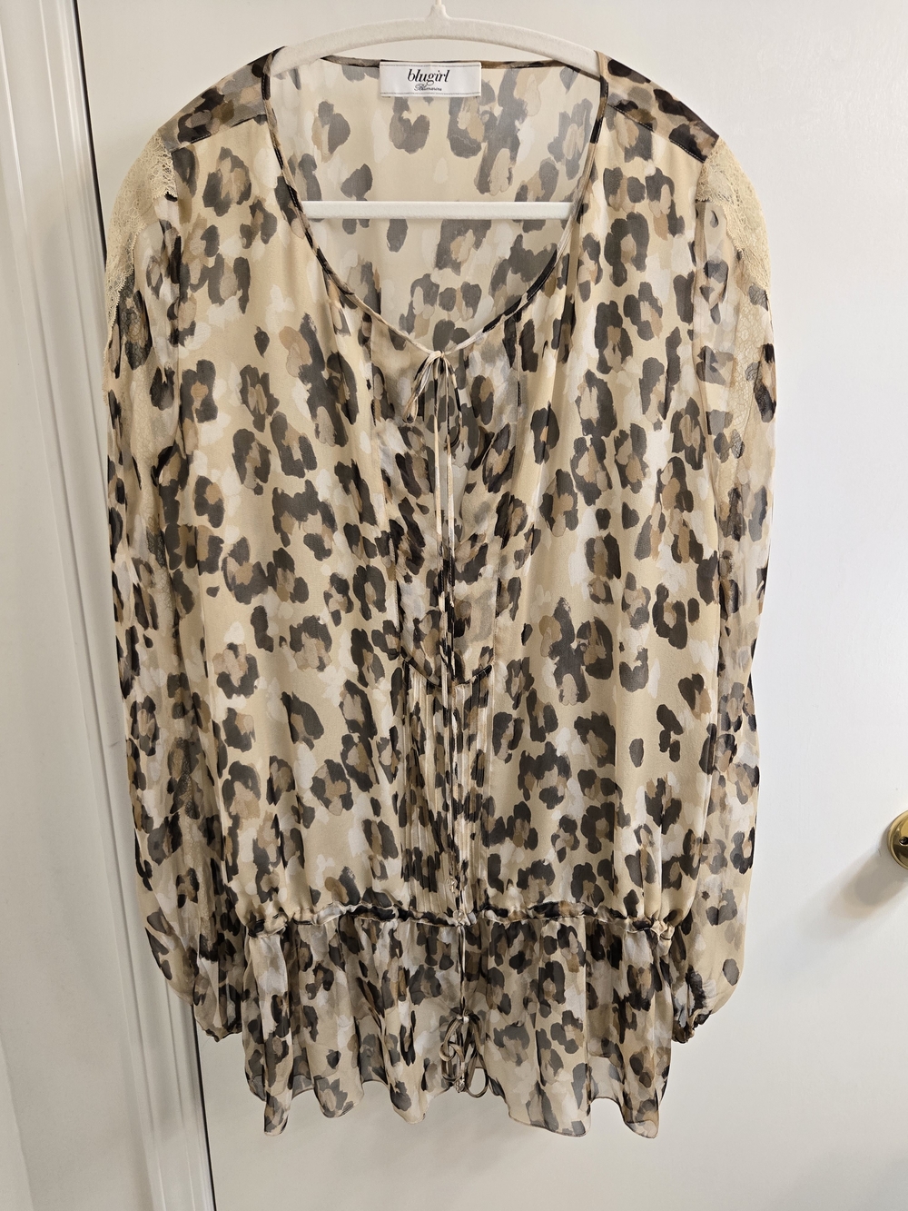 Vintage Blugirl Blumarine 100% Silk Leopard Chiffon Peplum Blouse IT 46 US 10